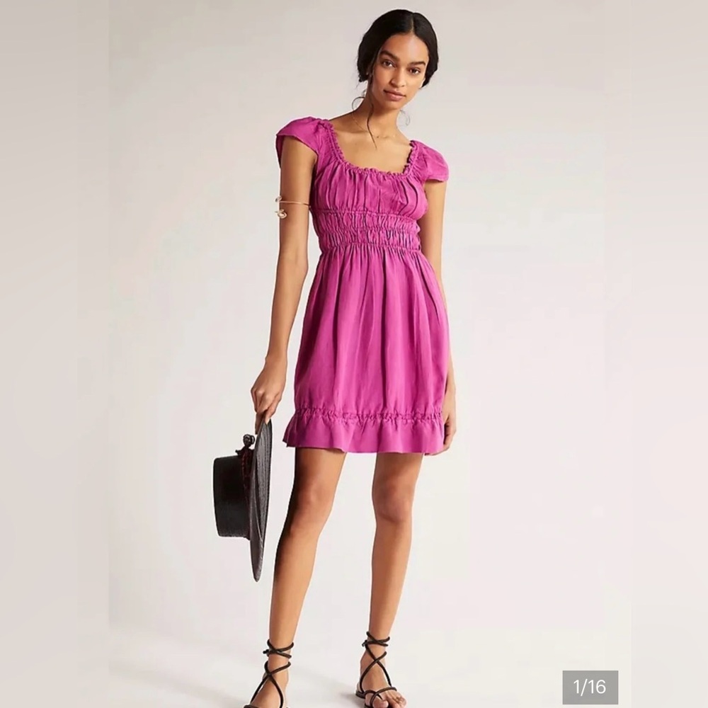 Anthropologie Fuchsia raspberry pink Smocked Waist Mini Dress sz S short sleeve